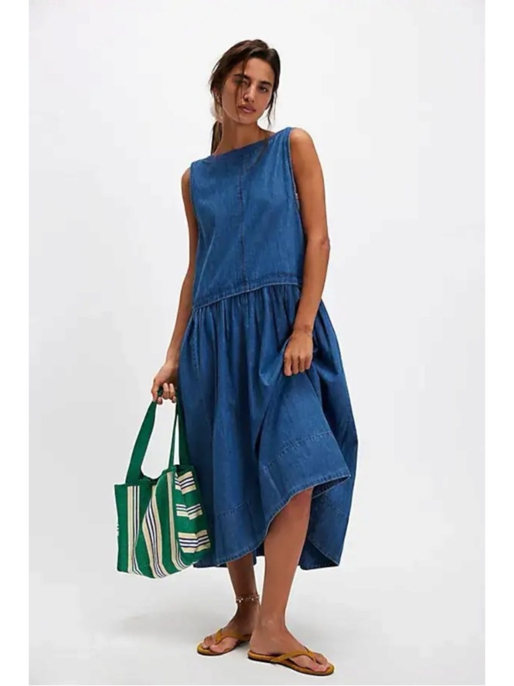 Free People Retro 90s Soraya Light Denim Sky Drop Waist Midi Jumper Dress Large - Picture 5 of 14